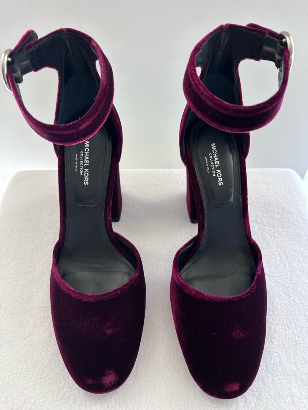 Michael Kors Velvet Ankle-Strap Heels in Burgundy